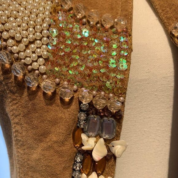Vest, real suede, beads, sequins, shells, lined, EUC, European sz 40, Amer sz 8 - Picture 5 of 16